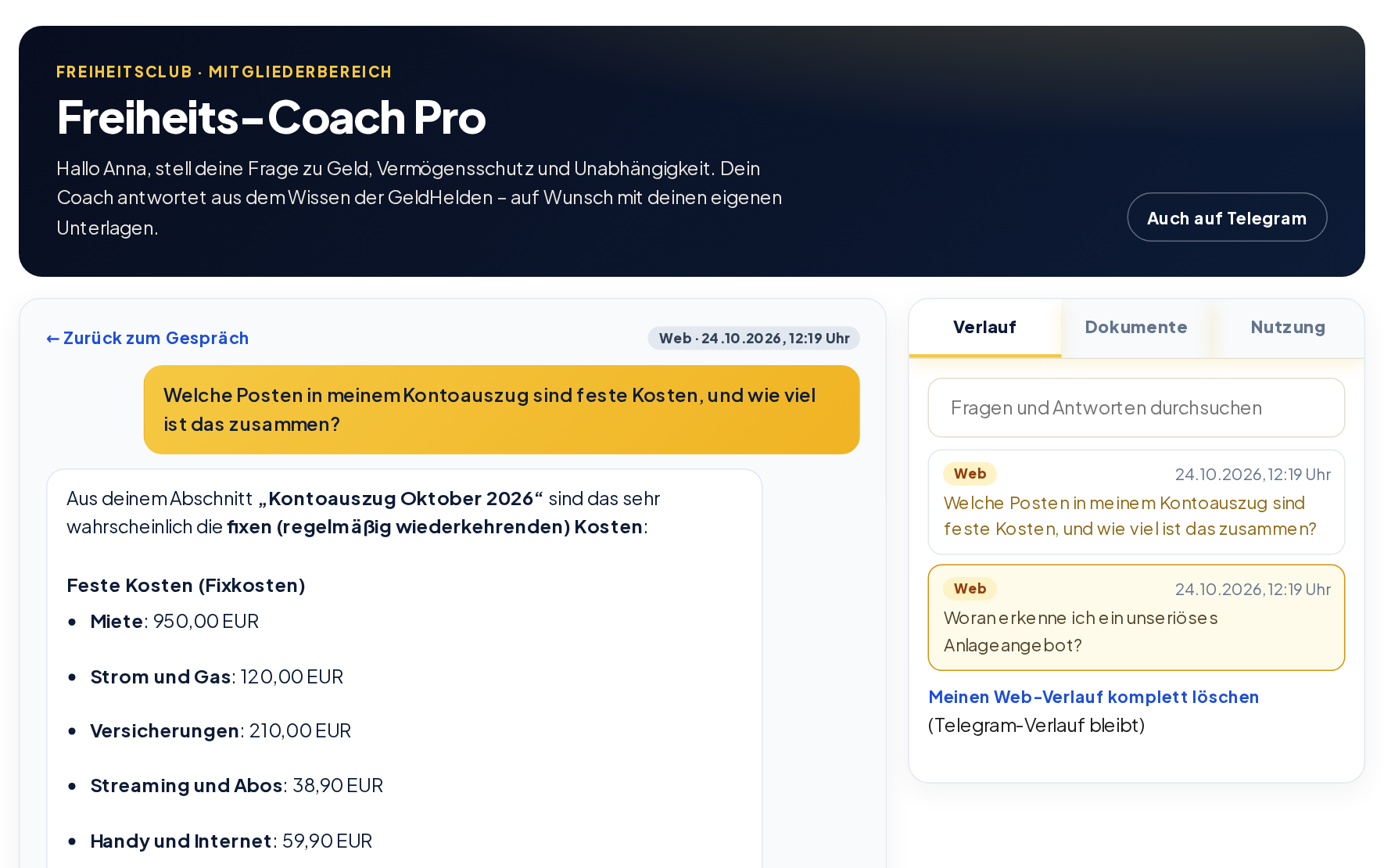Die Seite Freiheits-Coach Pro im Mitgliederbereich: Frage zum Kontoauszug mit Antwort, daneben Verlauf und Dokumente