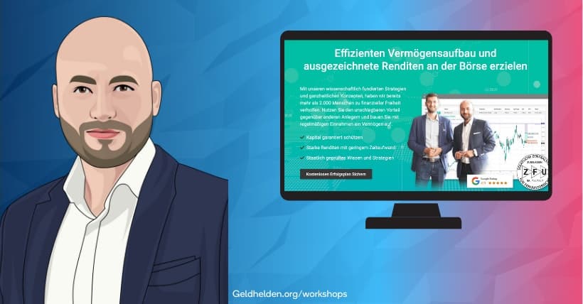 Ein Mann im Anzug nimmt vor einem Computerbildschirm an einem Live-Workshop zum Thema Vermögensaufbau teil.