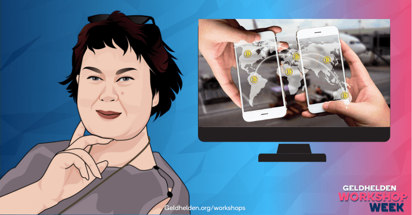 Ein Comicbild einer Frau mit Telefon und Computerbildschirm bei einem Live-Workshop zum Thema Blockchain und Kryptowährungen.