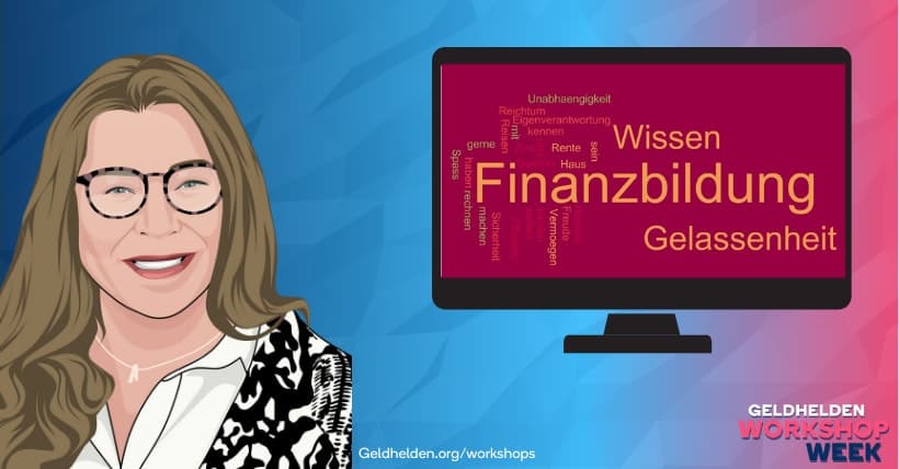 Eine Frau besucht eine Geldhelden-Workshop-Woche und steht vor einem Computerbildschirm mit den Worten „Finanzierung galassen“.
