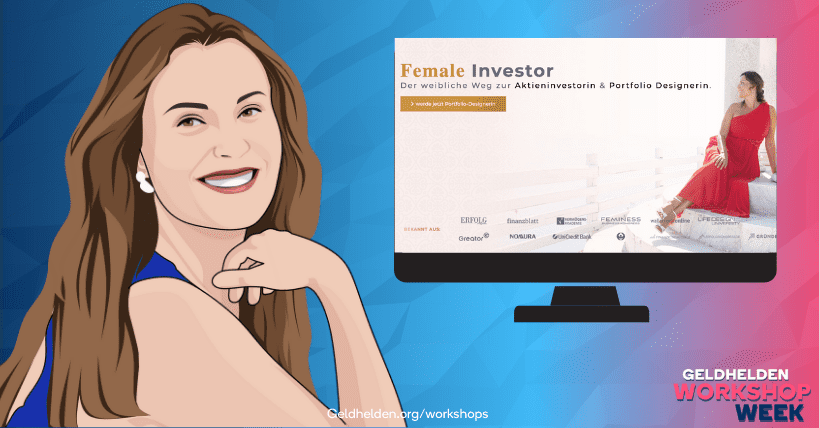 Eine Frau nimmt an einem von Jana Misar geleiteten Live-Online-Workshop über intelligentere Aktieninvestitionen für Frauen teil. Auf ihrem Computerbildschirm werden die Worte „Fama Investor“ angezeigt.