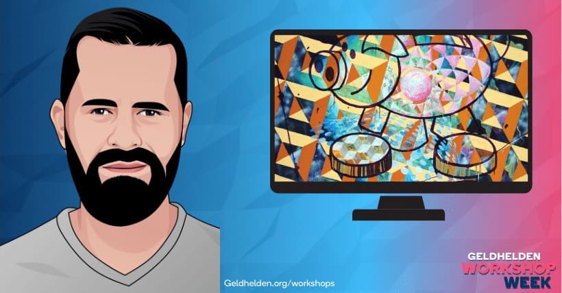 Eine Karikatur eines Mannes mit Bart, der an der Geldhelden-Workshop-Woche teilnimmt, vor einem Computerbildschirm.