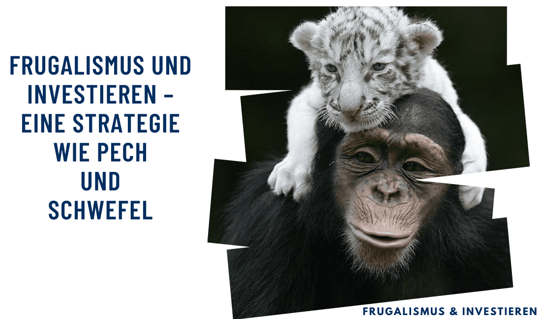 Ein Schimpanse mit den Worten „Frugalismus und Investieren“ präsentiert seine Strategie als perfekte Ergänzung.