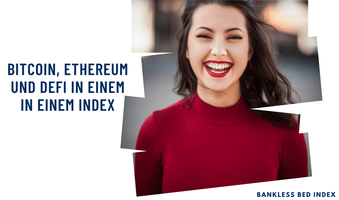 Eine lächelnde Frau mit den Wörtern Bitcoin, Ethereum und DeFi in einem Index.