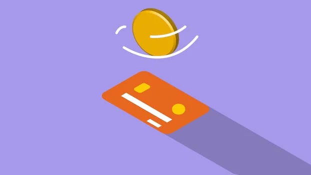 Eine orangefarbene Kreditkarte mit einem langen Schatten auf violettem Hintergrund, die Ihnen hilft, Ihre Ziele durch Finanzkompetenz zu erreichen.