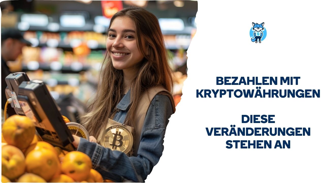 Eine Frau hält eine Orange mit dem Text Bezahlen mit Kryptowährungen.