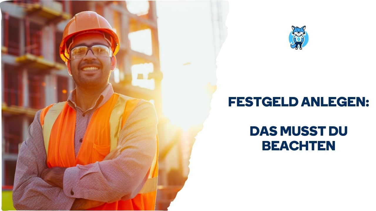 Lächelnder Bauarbeiter in orangefarbener Weste und Schutzhelm mit dem Text „Geld anlegen: das musst du beachten“ und einem blauen Bullenlogo auf der rechten Seite.