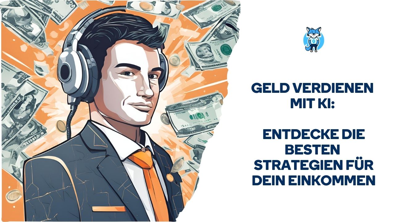 Illustration einer Person im Anzug mit Kopfhörern, umgeben von schwebenden Dollarscheinen. Der deutsche Text lautet „Geld verdienen mit KI: Entdecke die besten Strategien für dein Einkommen“ und ein blaues Bullenlogo.