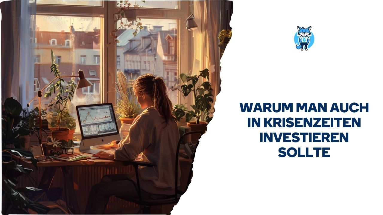 Eine Frau sitzt mit einem Laptop an einem Schreibtisch in einem gemütlichen Home-Office, umgeben von Pflanzen, vor einem Fenster mit Blick auf die Stadt; ein Text wirbt für Investitionen in Krisenzeiten und hebt hervor, warum es sich jetzt lohnen kann, zu investieren