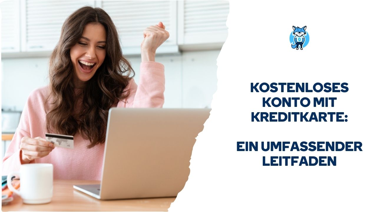 Frau, die vor ihrem Laptop mit geballter Faust feiert, möglicherweise nach einer erfolgreichen Transaktion, mit einer Textüberlagerung auf Deutsch über ein kostenloses Konto mit einem umfassenden Leitfaden