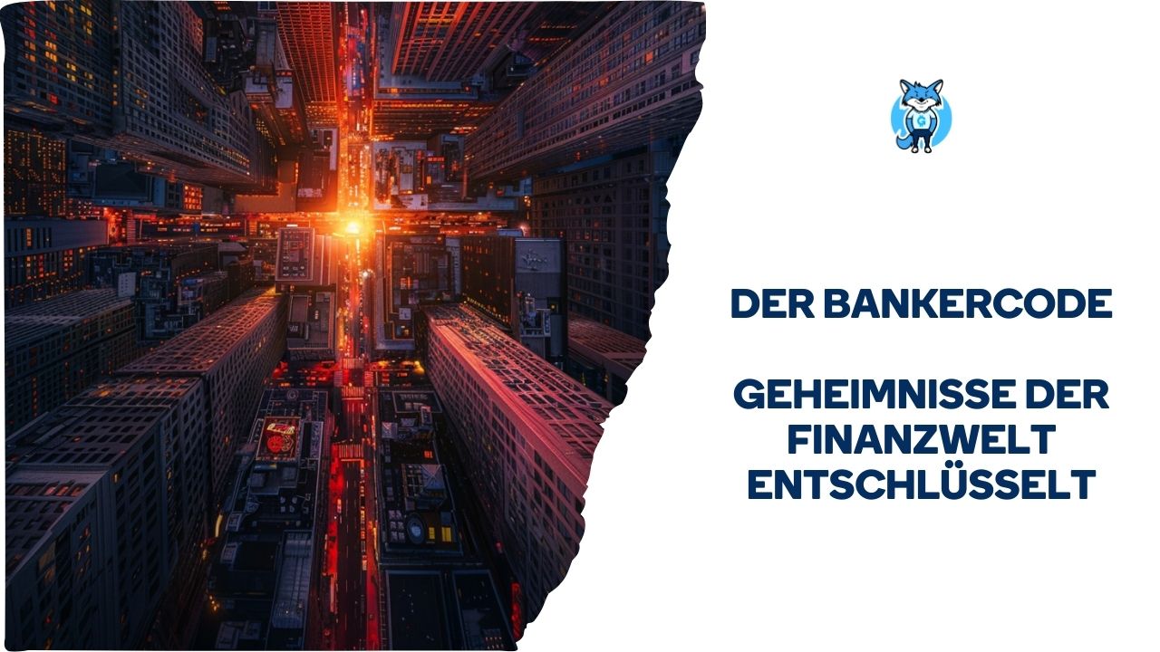 Luftaufnahme einer Stadtlandschaft in der Abenddämmerung mit beleuchteten Gebäuden, mit einer Grafik eines blauen Stiers und dem Text auf Deutsch: „der Bankcode - Geheimnisse der Finanzwelt