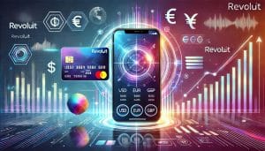 Ein Smartphone, das Währungsoptionen anzeigt, umgeben von futuristischen Finanzsymbolen, Diagrammen, einer Kreditkarte und globalen Währungssymbolen wie Dollar, Euro und Yen – eine dynamische digitale Szene, die an eine Revolut-Schnittstelle für nahtlose Transaktionen erinnert.