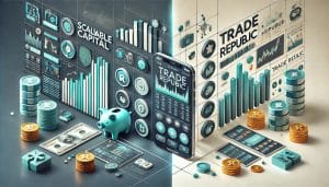Abbildung einer Finanztechnologie-Schnittstelle mit Grafiken, Münzen und Diagrammen auf einem Smartphone, die das Konzept des skalierbaren Kapitals verdeutlicht und einen umfassenden Vergleich zwischen Trade Republic und anderen Plattformen bietet.