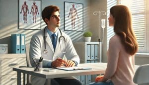 Ein Arzt im weißen Kittel untersucht einen ausgewanderten Patienten in einer Praxis mit anatomischen Diagrammen, medizinischem Material und Sonnenlicht, das durch die Jalousien fällt.