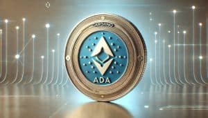 Eine digitale Darstellung einer Cardano-Münze, elegant kontrastiert mit futuristischen Schaltkreislinien im Hintergrund, dient als visuelle Metapher für ihre Rolle als umfassender Leitfaden in der Welt der Kryptowährungsinnovation.