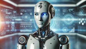 In einer Umgebung aus dem Jahr 2025 steht ein humanoider Roboter mit leuchtend blauen Augen vor digitalen Datenbildschirmen und verkörpert ein futuristisches Design, das in seiner Präzision und Einsicht einem Robo-Advisor-Vergleich ähnelt.