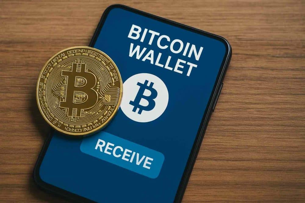 Eine goldene Bitcoin-Münze liegt auf einem Smartphone, auf dessen Bildschirm eine Bitcoin-Wallet-App mit dem Wort „RECEIVE“ angezeigt wird.