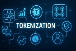 In der Mitte ist das Wort „Tokenisierung“ zu sehen, und darum herum sind auf einem dunklen digitalen Hintergrund Symbole angeordnet, die für Technologie, Finanzen, Daten, Sicherheit und Blockchain stehen.