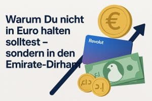 Eine Revolut-Karte, Euro-Münzen, Dirham-Währungssymbole und ein nach oben gerichteter Pfeil illustrieren den deutschen Text, in dem es um die Haltung von Geld in Dirham statt in Euro geht.