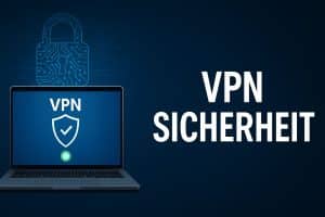 Ein Laptop zeigt ein VPN-Symbol und eine grüne Anzeige mit einem digitalen Schloss darüber. Die Worte "VPN SICHERHEIT" werden auf dunkelblauem Hintergrund angezeigt.