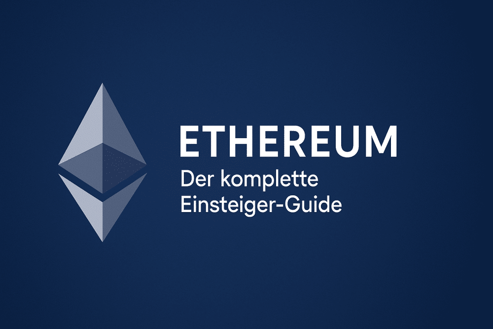 Ethereum-Logo auf dunkelblauem Hintergrund mit deutschem Text "Ethereum Der komplette Einsteiger-Guide" in weiß.