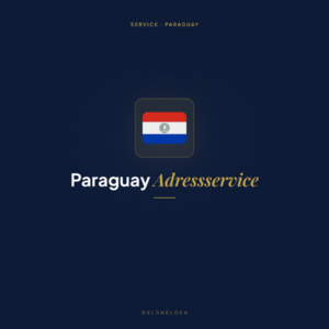 Dunkelblaue Grafik mit einem zentrierten Symbol der paraguayischen Flagge, darunter der Text „Paraguay Adressservice – Offizielle Adresse & KYC-konformer Mietvertrag“ sowie kleiner goldfarbener Text oben und unten.