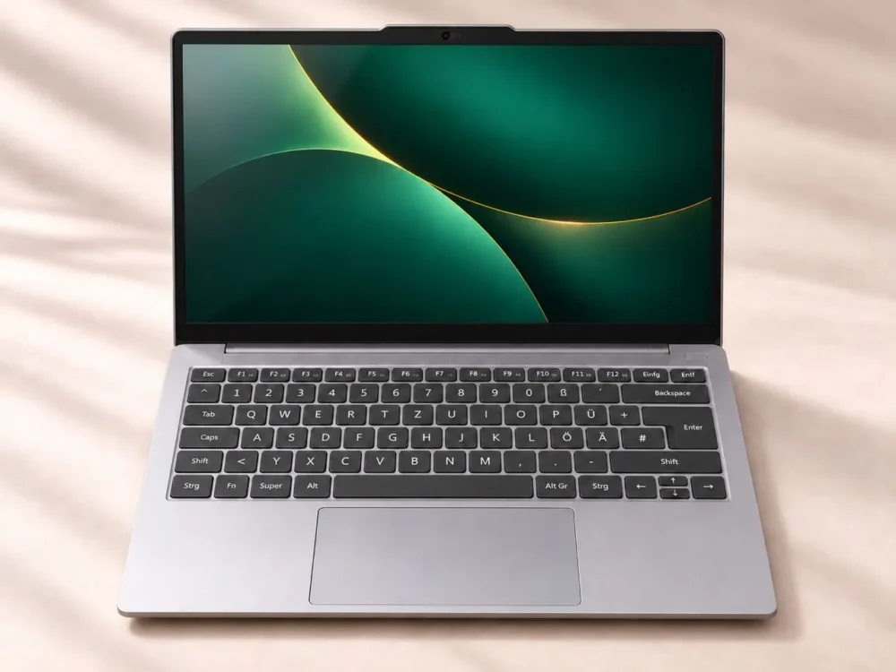 Lenovo IdeaPad 5 Slim aus dem Freiheits-Setup, aufgeklappt mit deutscher Tastatur